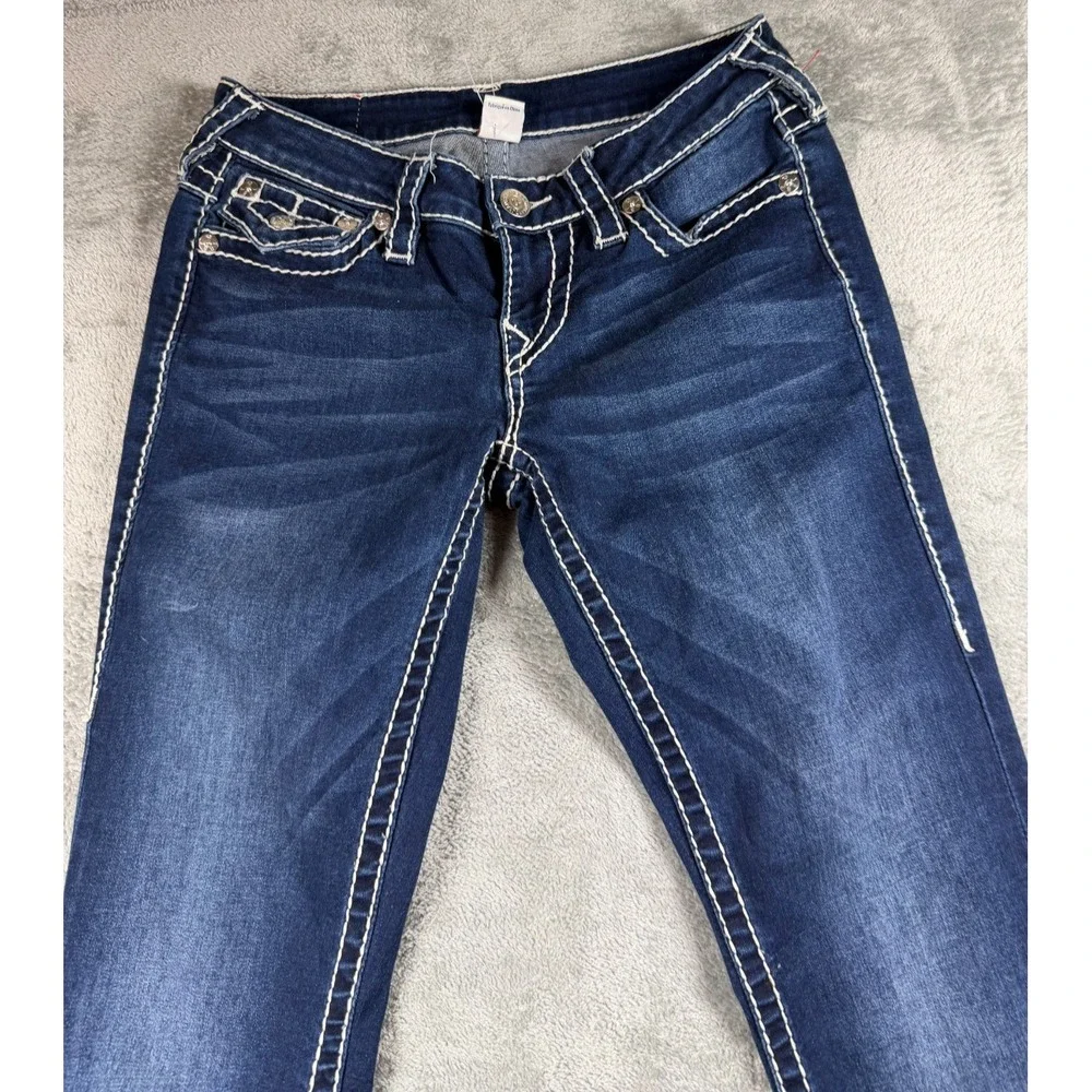 True Religion Womens 27 Skinny Jeans Dark Wash White Super T Stitch Y2K Flap